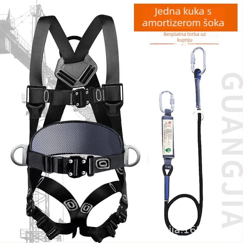 Guangjia Pojas sigurnosti za cijelo tijelo s pet točaka, s dvostrukim karabinom – sigurnosna užad duljine 1,8 m, nosivost 100 kg, rad na visini