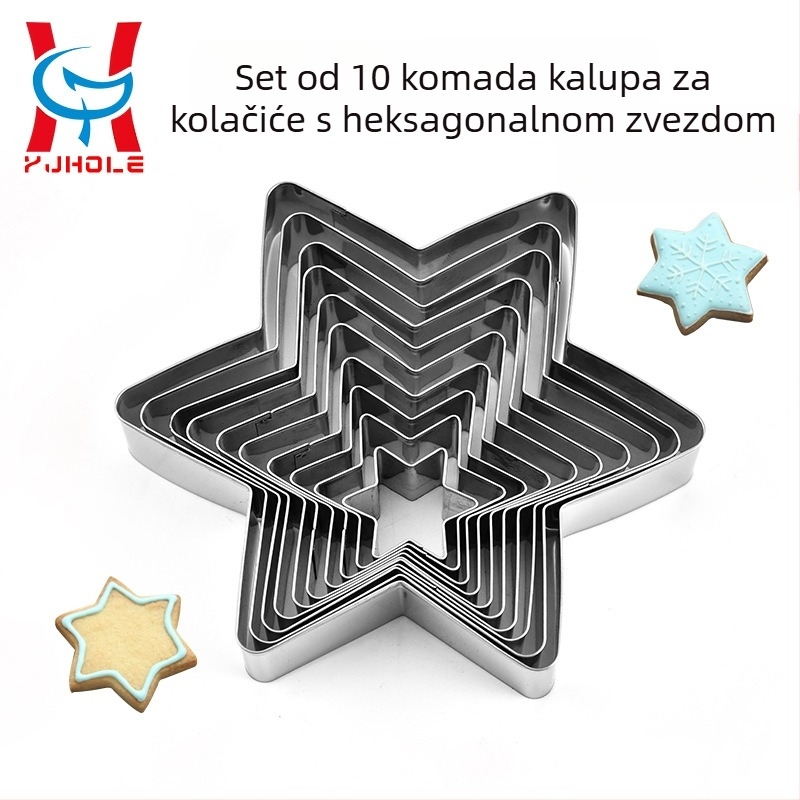 YJHOLE 10-dijelni set kalupa za kekse u obliku šestokrake zvijezde od nehrđajućeg čelika 304 – za kekse, torte i fondan dekoracije