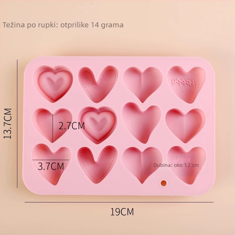 Silikonska kalup za kolače u obliku srca, 12 rupa i 6 različitih dizajna srca, pogodno za pečenje i slastice
