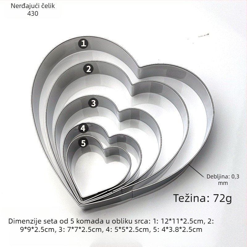 Set kalupa za kekse od nehrđajućeg čelika s višestrukim oblicima: petokraka zvjezdica, krug, četverokraka zvjezdica, srce, kvadrat i pravokutnik; za kekse, voće i povrće