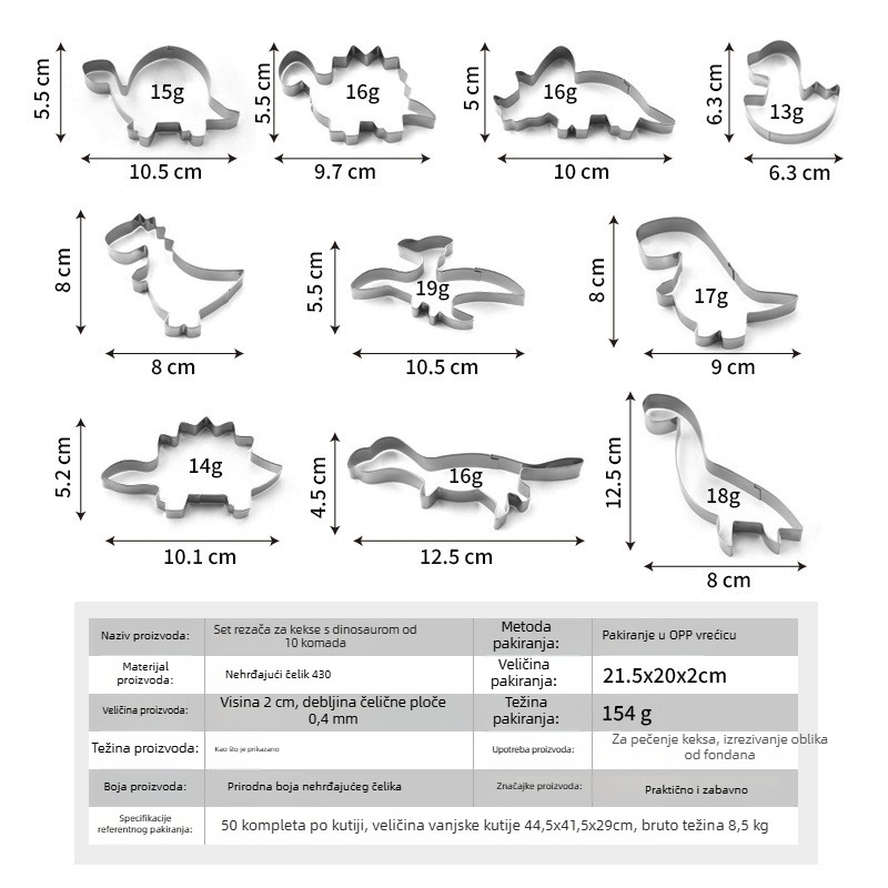 Nehrđave čelične kalupe za kekse s dinosaurima, 7-dijelni set za pečenje keksa i torti