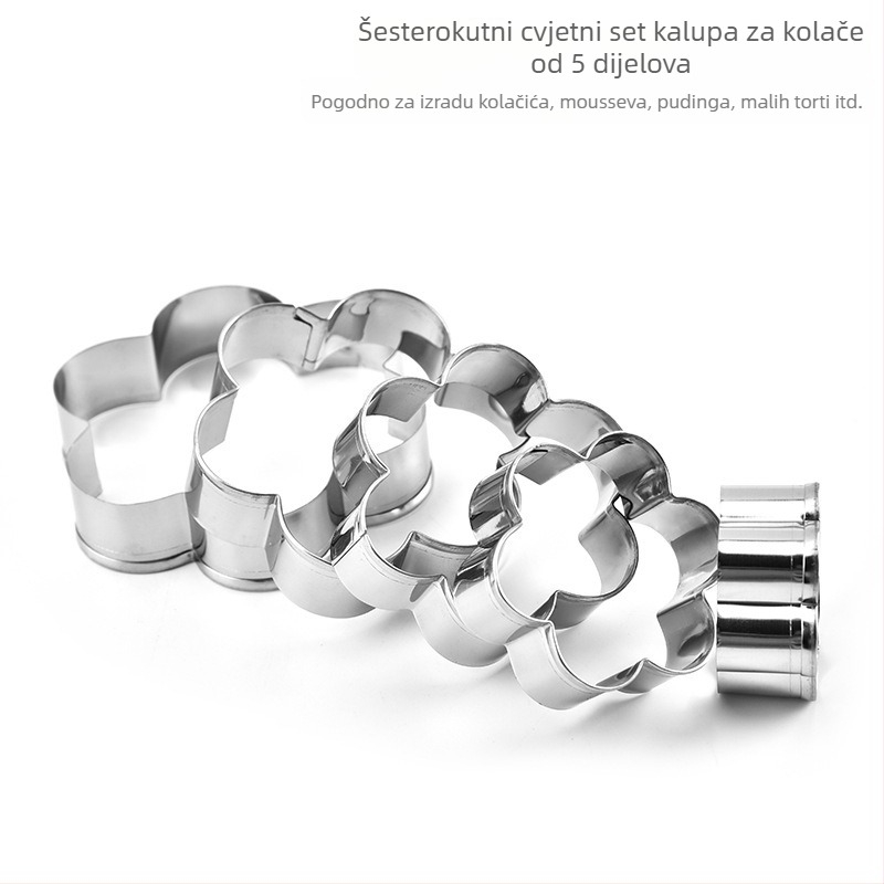 Set kalupa za kekse od nehrđajućeg čelika s šesterokutnim oblikom cvijeta za pečenje (Pet komada) (Materijal: nehrđajući čelik; Oblik: šesterokutni cvijet; Kategorija: kalupi za kekse; Upotreba: pečenje; Stil: modern)
