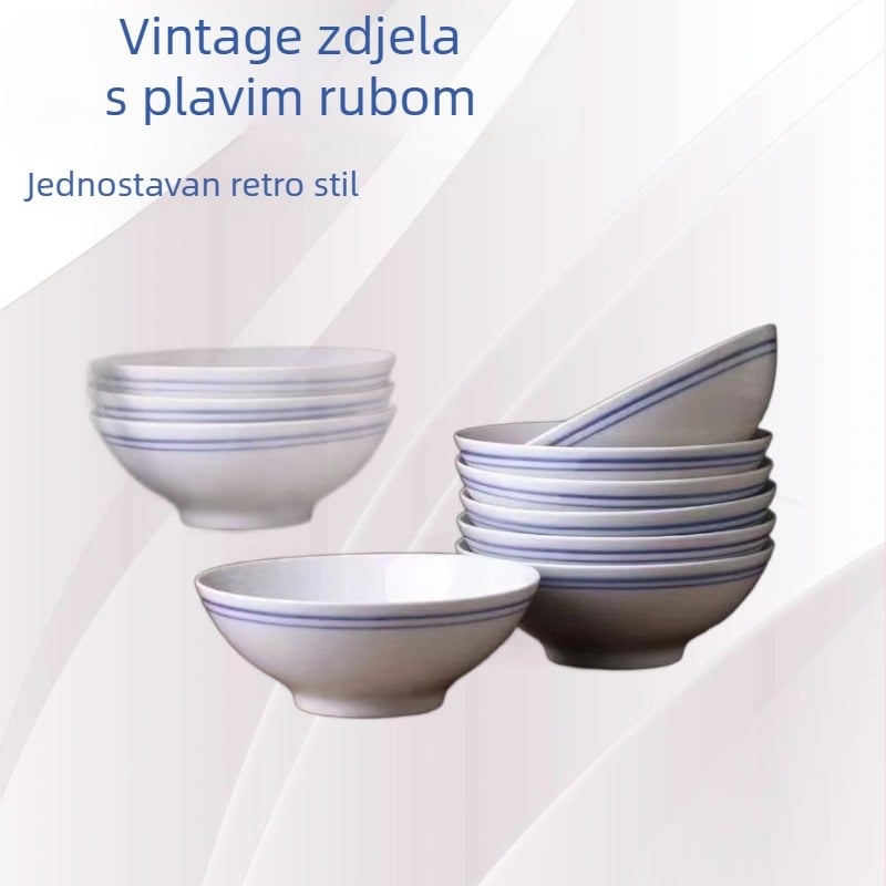 Porcelanska zdjela s plavim rubom, retro stil, okruglog oblika, za juhu, povrće i paru; mikrovalna kompatibilna; promjer 15–15,9 cm; posebna zdjela za dušeno svinjsko