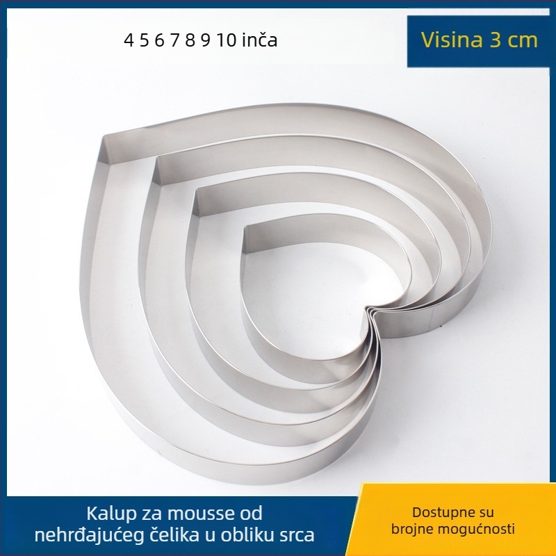 Srcolika posuda od nehrđajućeg čelika za mousse i tortu, kalup za mousse i tiramisu, visina 3 cm, veličine 4/6/8 inča.