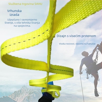 Sahu sigurnosni pojas za vanjske planinarenje: pojas od poliestera, sigurnosna užad od poliestera, duljina užeta > 3 m, tip: sjedalački pojas