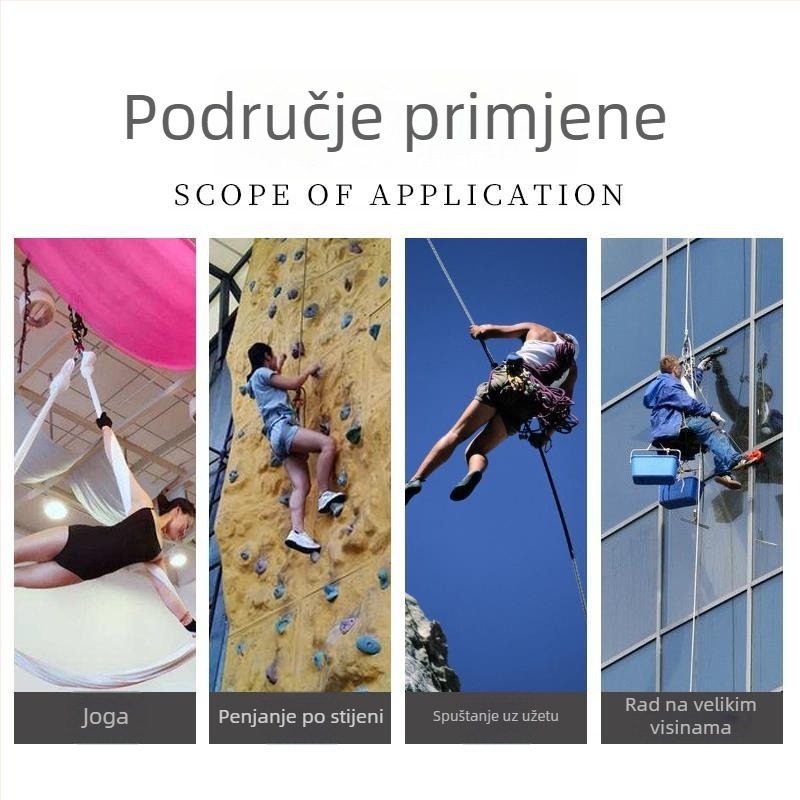 Sahu sigurnosni pojas za vanjske planinarenje: pojas od poliestera, sigurnosna užad od poliestera, duljina užeta > 3 m, tip: sjedalački pojas