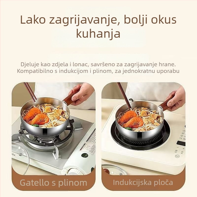 Nehrđajuća čelična zdjela za instantnu tjesteninu, s drškom od orahova drveta, otporna na prianjanje, visoke temperature, kompatibilna s mikrovalnom