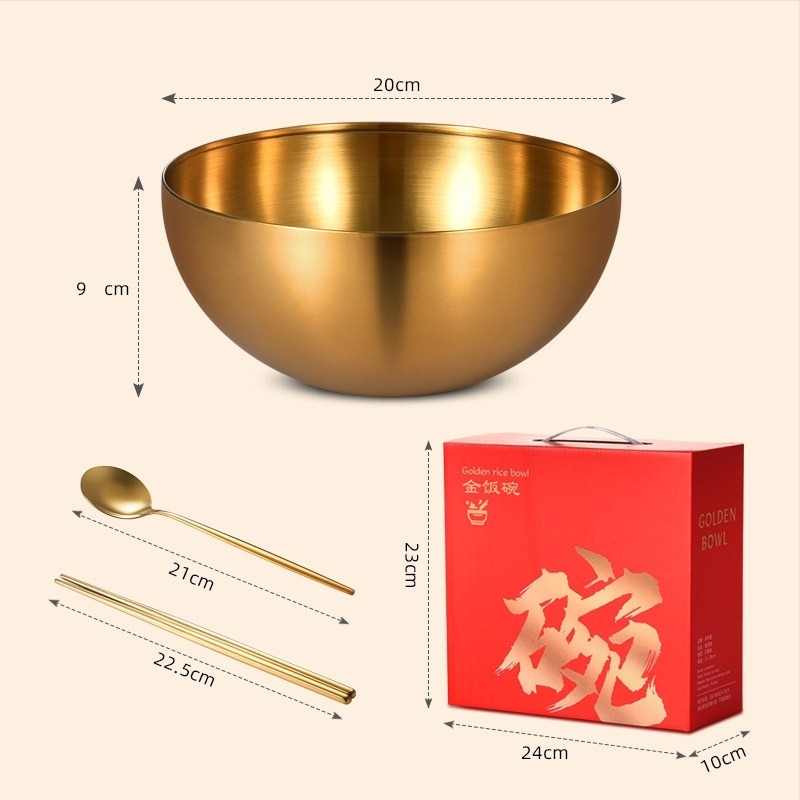 Set posuđa od nehrđajućeg čelika s zdjelama za rižu, bibimbap zdjelom i štapićima, okrugli oblik; elektroplatirani završni sloj; mogućnost tiskanja logotipa