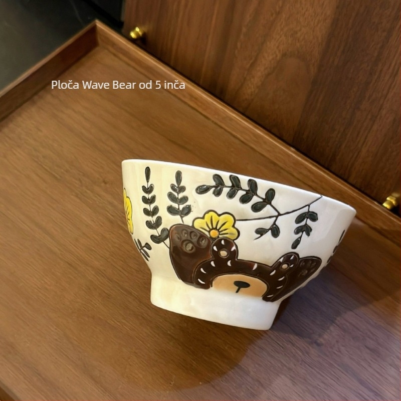 Porcelanska zdjela s ručno oslikanim podglazurnim medvjedom, korejskog stila, okrugla, pogodna za mikrovalnu