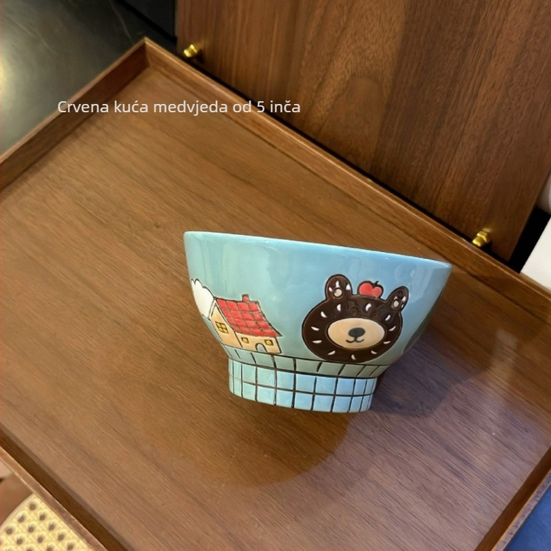 Porcelanska zdjela s ručno oslikanim podglazurnim medvjedom, korejskog stila, okrugla, pogodna za mikrovalnu