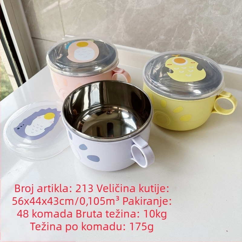 Posuda od nehrđajućeg čelika za instantne nudle s karikaturnim dizajnom, sladak stil, okrugli oblik, površinska obrada prijenosa topline, nije prikladna za mikrovalnu.