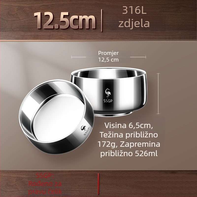 Zdjela od 316L nehrđajućeg čelika, prehrambena kvaliteta, toplinska izolacija/zaštita od opeklina, otpornost na padove, jednobojna.