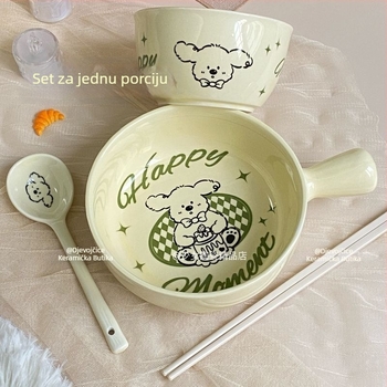 Set keramičkog posuđa za jednu osobu s ručkom: zdjela za rezance, zdjela za rižu, žlica i štapići — od kostnog porculana, okrugla, mikrovalna pećnica kompatibilna, površina s pod-glazurom.