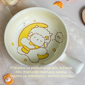 Set keramičkog posuđa za jednu osobu s ručkom: zdjela za rezance, zdjela za rižu, žlica i štapići — od kostnog porculana, okrugla, mikrovalna pećnica kompatibilna, površina s pod-glazurom.