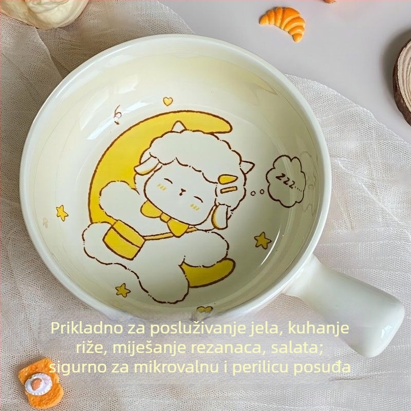 Set keramičkog posuđa za jednu osobu s ručkom: zdjela za rezance, zdjela za rižu, žlica i štapići — od kostnog porculana, okrugla, mikrovalna pećnica kompatibilna, površina s pod-glazurom.