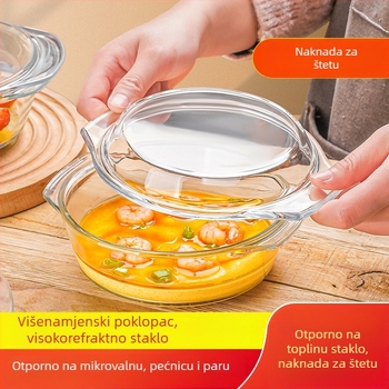 Zdjela za parenje jaja s poklopcem, dvostruke ručke, prozirno borosilikatno staklo, otporno na visoke temperature, mikrovalna kompatibilnost (dvije ručke; poklopac; borosilikatno staklo; mikrovalno; prozirno)