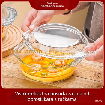 Zdjela za parenje jaja s poklopcem, dvostruke ručke, prozirno borosilikatno staklo, otporno na visoke temperature, mikrovalna kompatibilnost (dvije ručke; poklopac; borosilikatno staklo; mikrovalno; prozirno)