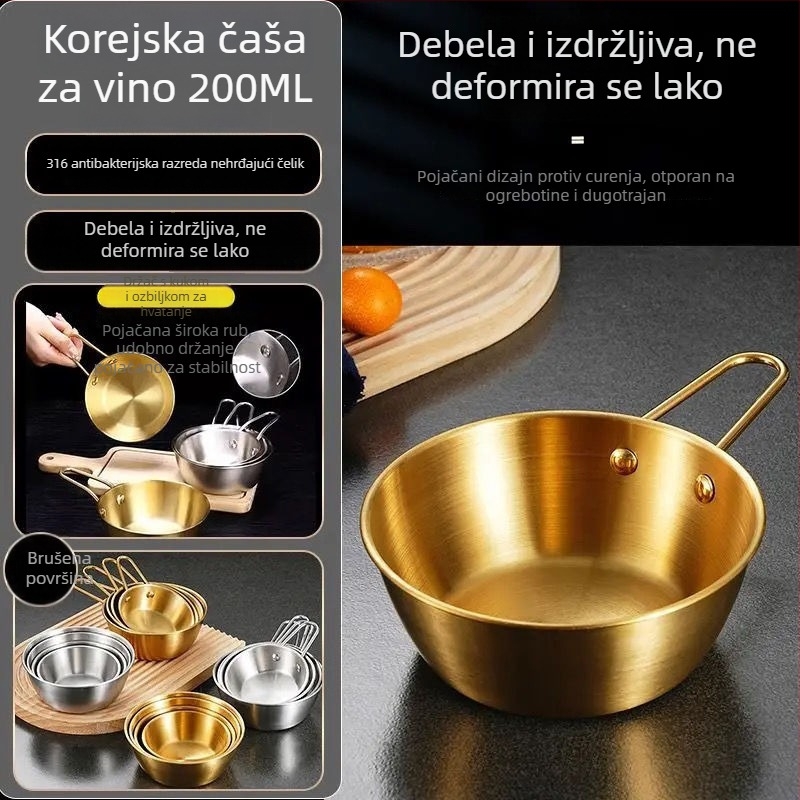 Nehrđajuća čelična zdjela za rižino vino s držalom – 316 SS, okruglog oblika, mat završna obrada, jednodelno oblikovanje, mikrovalna nije prikladna