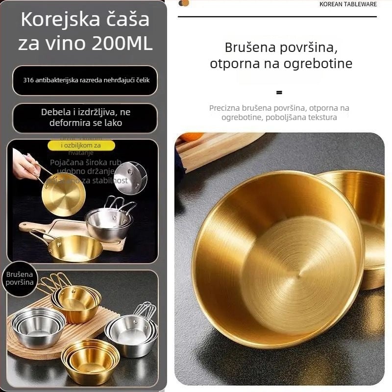 Nehrđajuća čelična zdjela za rižino vino s držalom – 316 SS, okruglog oblika, mat završna obrada, jednodelno oblikovanje, mikrovalna nije prikladna