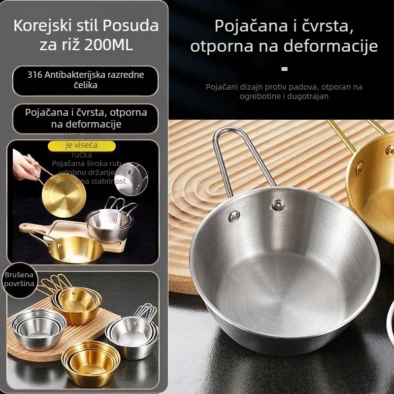 Nehrđajuća čelična zdjela za rižino vino s držalom – 316 SS, okruglog oblika, mat završna obrada, jednodelno oblikovanje, mikrovalna nije prikladna