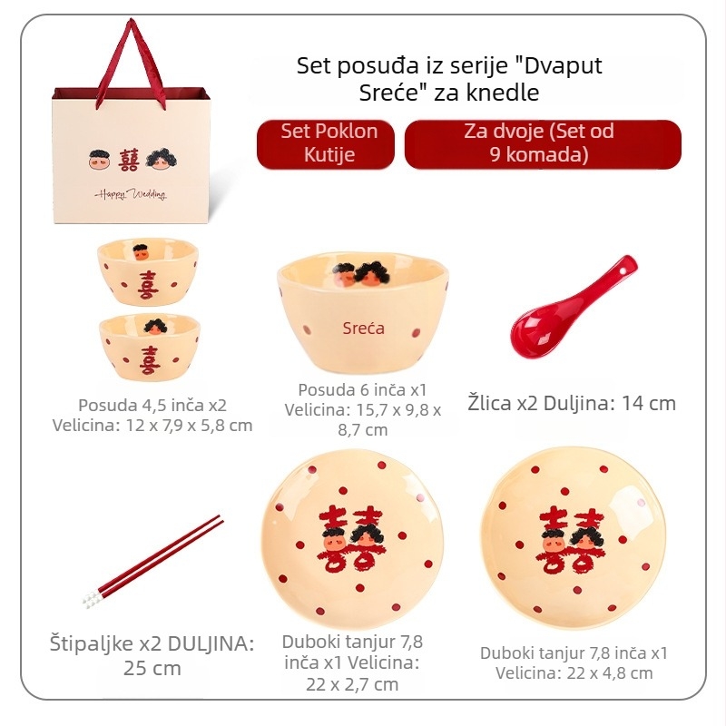 Keramički set posuđa – zdjele i tanjuri, 4 seta, moderan kineski stil, površinska obrada: pod-glazura + visokotemperaturni decal, prikladan za mikrovalnu