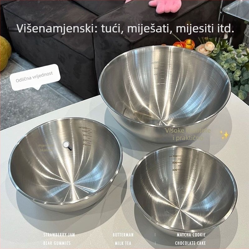 Posuda od prehrambene inox čelika s mjernom skalom za pranje povrća i mijesanje tijesta, okrugla kuhinjska zdjela s brušenom površinom, ekstra debela