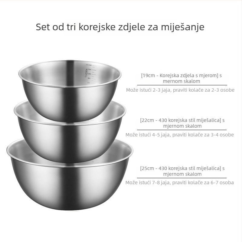 Posuda od prehrambene inox čelika s mjernom skalom za pranje povrća i mijesanje tijesta, okrugla kuhinjska zdjela s brušenom površinom, ekstra debela