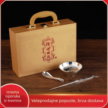 Srebrna zdjela s žličicom i štapićima za jelo, trodjelni set, novi kineski stil poklon