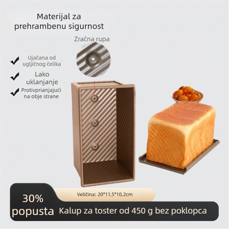Kalup za tost s poklopcem, prehrambene kvalitete, kapaciteta 450 g, nelepiv, za pećnicu