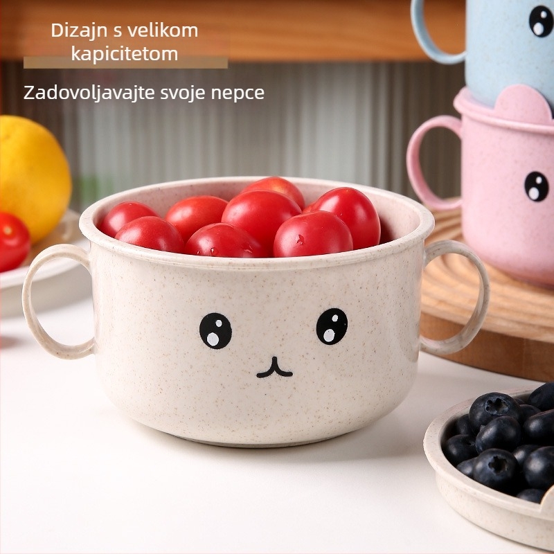 Dječja zdjela od pšenične slame s poklopcem, karikatura medvjeda, dvostruke ručke, sigurna za mikrovalnu pećnicu