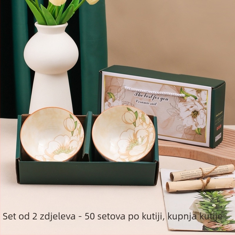 Japanski stil set zdjela od kostnog porcelana s cvjetnim uzorom, pogodna za mikrovalnu pećnicu, prilagodljiva