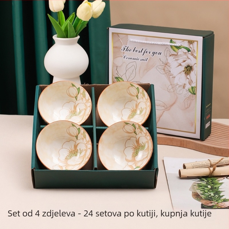 Japanski stil set zdjela od kostnog porcelana s cvjetnim uzorom, pogodna za mikrovalnu pećnicu, prilagodljiva