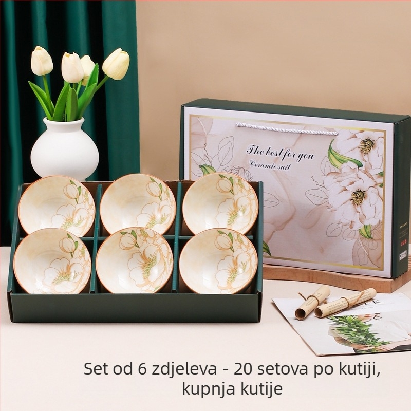 Japanski stil set zdjela od kostnog porcelana s cvjetnim uzorom, pogodna za mikrovalnu pećnicu, prilagodljiva