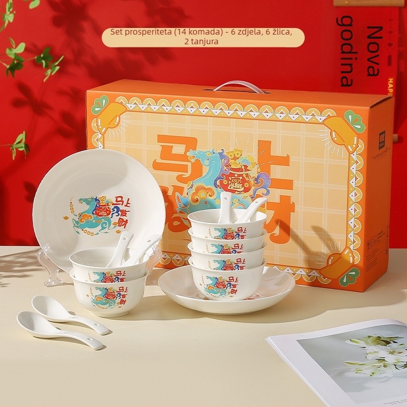 Set porcelanskih zdjela i tanjura iz Čao-čou, zdjele za rižu 300 ml, ručna izrada, novi kineski stil, motiv sreće