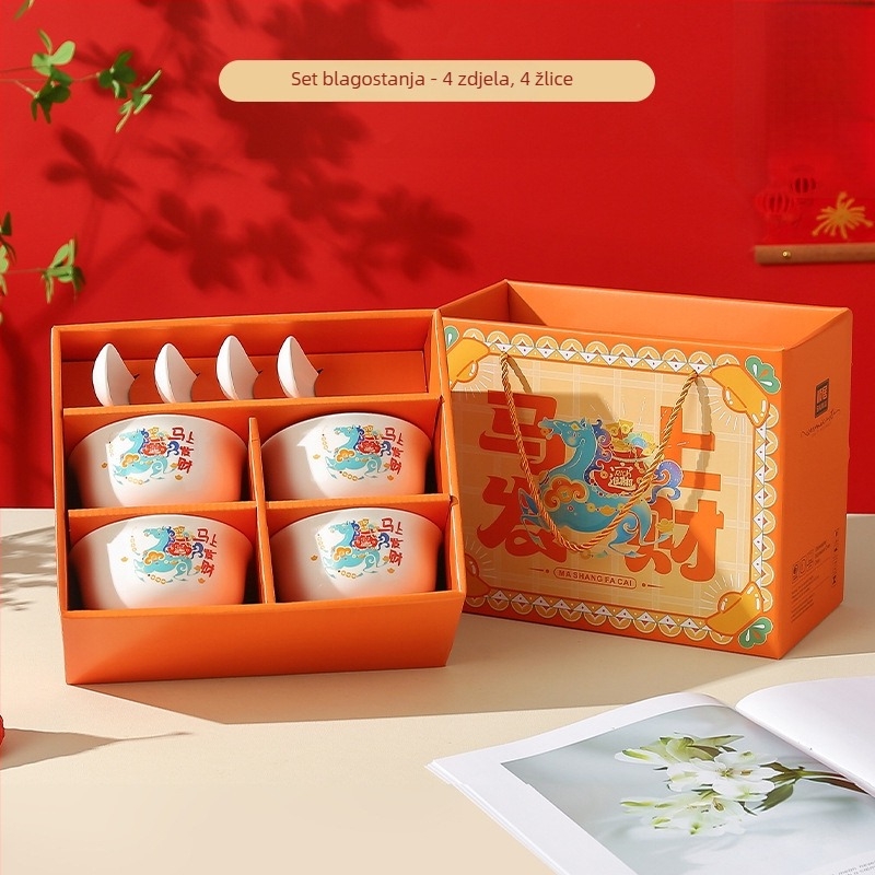 Set porcelanskih zdjela i tanjura iz Čao-čou, zdjele za rižu 300 ml, ručna izrada, novi kineski stil, motiv sreće