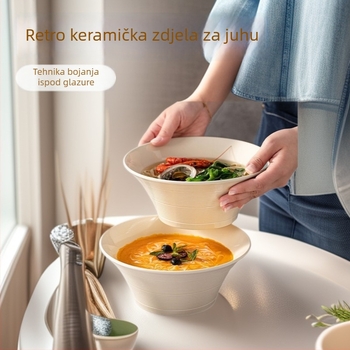 Porcelanska zdjela za ramen i juhu, jedinstven jednobojni dizajn, okrugli oblik, retro stil, kompatibilna s mikrovalnom