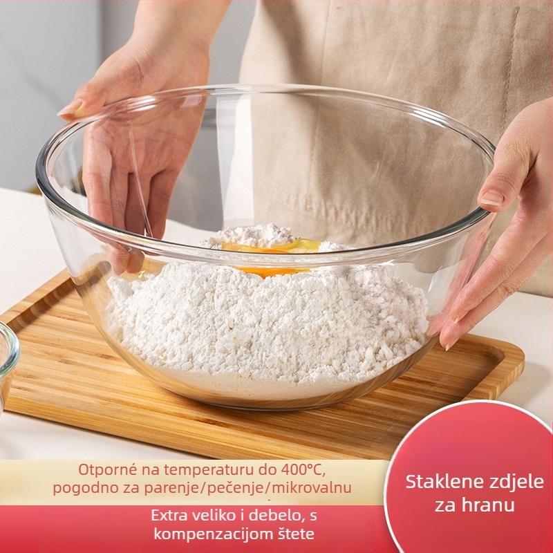 Staklena zdjela otporna na visoke temperature za pečenje i posluživanje – mikrovalna kompatibilna, zaobljeni oblik, pogodna za kolače, salate i rezance