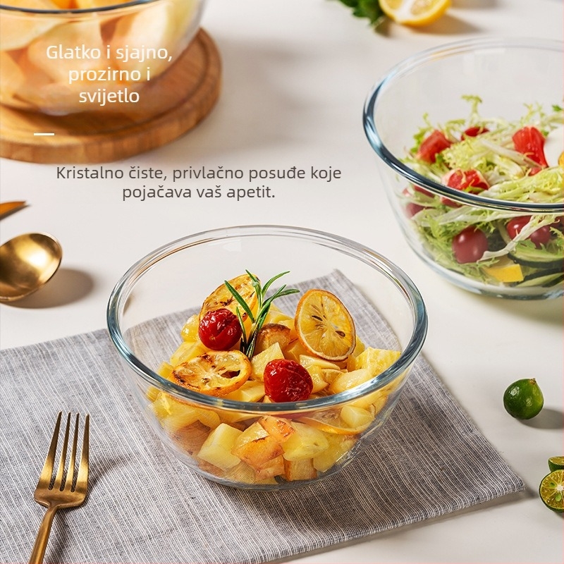 Staklena zdjela otporna na visoke temperature za pečenje i posluživanje – mikrovalna kompatibilna, zaobljeni oblik, pogodna za kolače, salate i rezance
