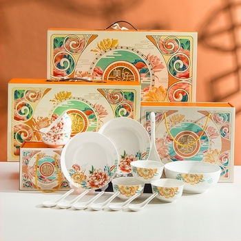 Keramički set zdjela i žlice u kutiji poklona, mogućnost izrade logotipa, pod glaziranim uzorkom cvjetni uzorak, okrugli oblik, mikrovalna pećnica dopuštena, novi kineski stil; pogodno kao poslovni ili vjenčani dar.