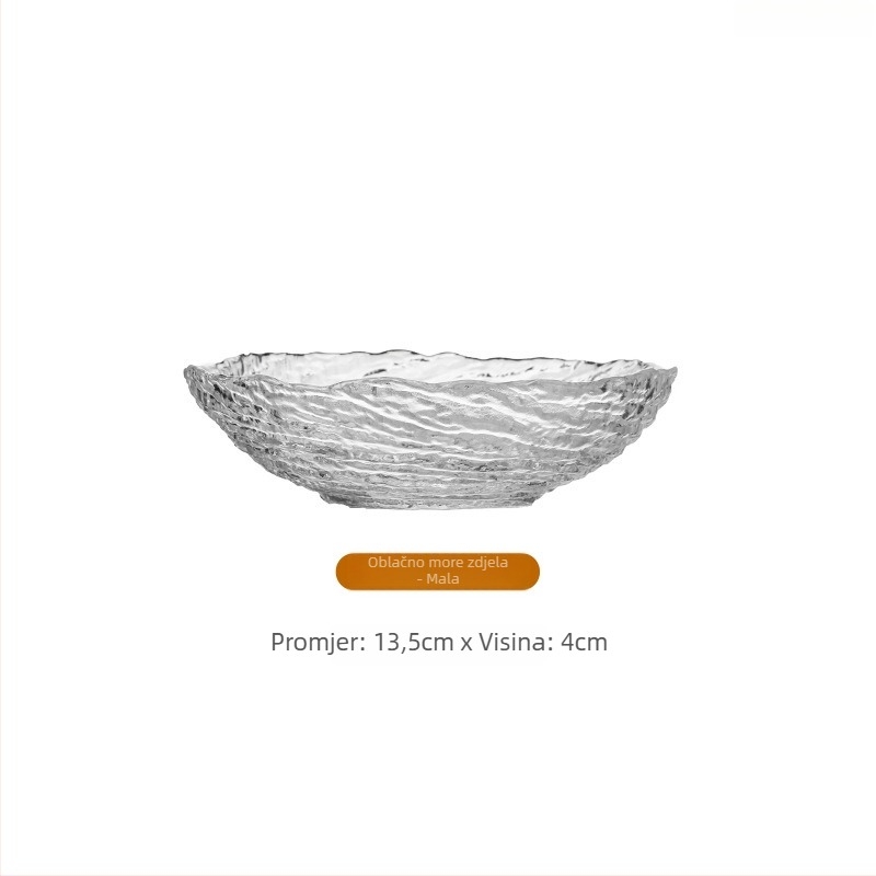 Stakleni servis s uzorkom leda: nepravilne zdjele za voće i tanjuri, prozirni desertni tanjuri, zdjelice za sladke napitke; ručno izrađeno, mogućnost prilagodbe, moderni minimalistički stil