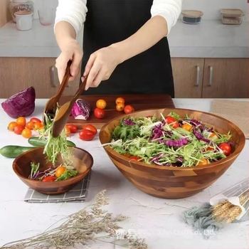 Set zdjela za salatu od drveta akacije sa posudom za serviranje i spatulom, trodijelni set, okrugli oblik, lagani luksuzni stil