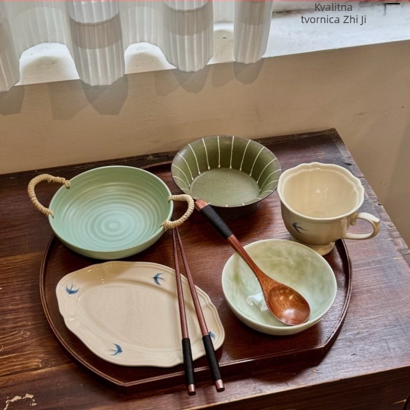 Set zdjelica i tanjura za doručak za jednu osobu, keramika, cvjetni uzorak, japanski stil, glazura pahulja snijega