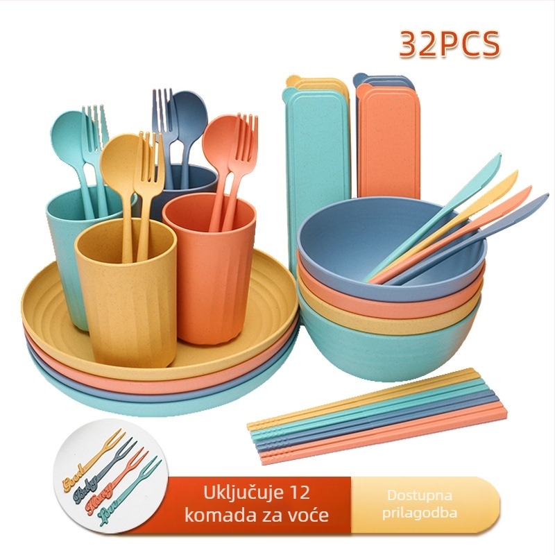 8-dijelni set kamp kuhinjskih posuda od slame od pšenice — tanjur, zdjela, čaša, nož, vilica, žlica, chopsticks i kutija za pohranu; materijal Wheat Straw PP; mikrovalna sigurnost; moderan minimalistički stil