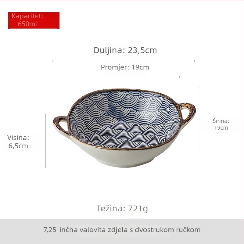 Keramička zdjela za rezance s dvjema ručkama, japanski stil, nepravilan oblik, cvjetni uzorak, prikladna za mikrovalnu pećnicu
