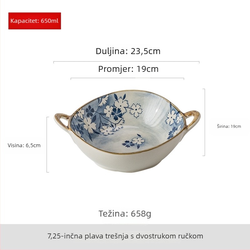 Keramička zdjela za rezance s dvjema ručkama, japanski stil, nepravilan oblik, cvjetni uzorak, prikladna za mikrovalnu pećnicu