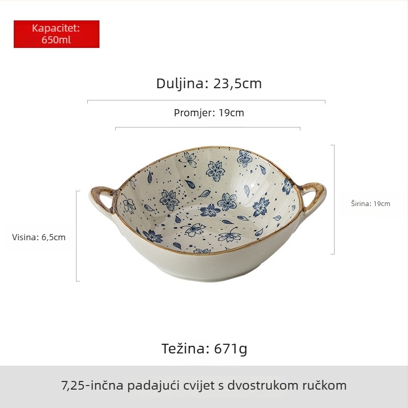 Keramička zdjela za rezance s dvjema ručkama, japanski stil, nepravilan oblik, cvjetni uzorak, prikladna za mikrovalnu pećnicu