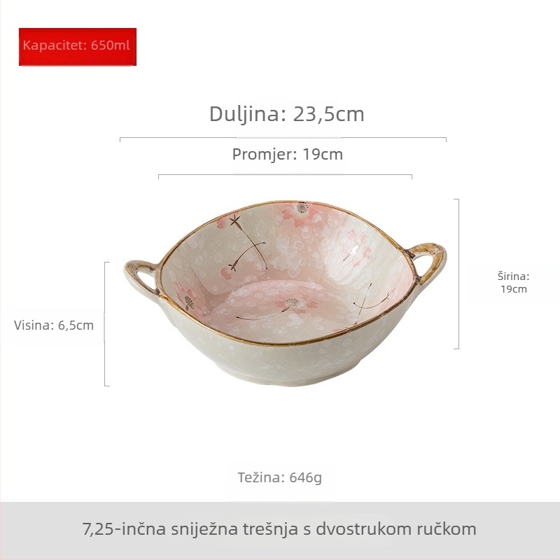 Keramička zdjela za rezance s dvjema ručkama, japanski stil, nepravilan oblik, cvjetni uzorak, prikladna za mikrovalnu pećnicu