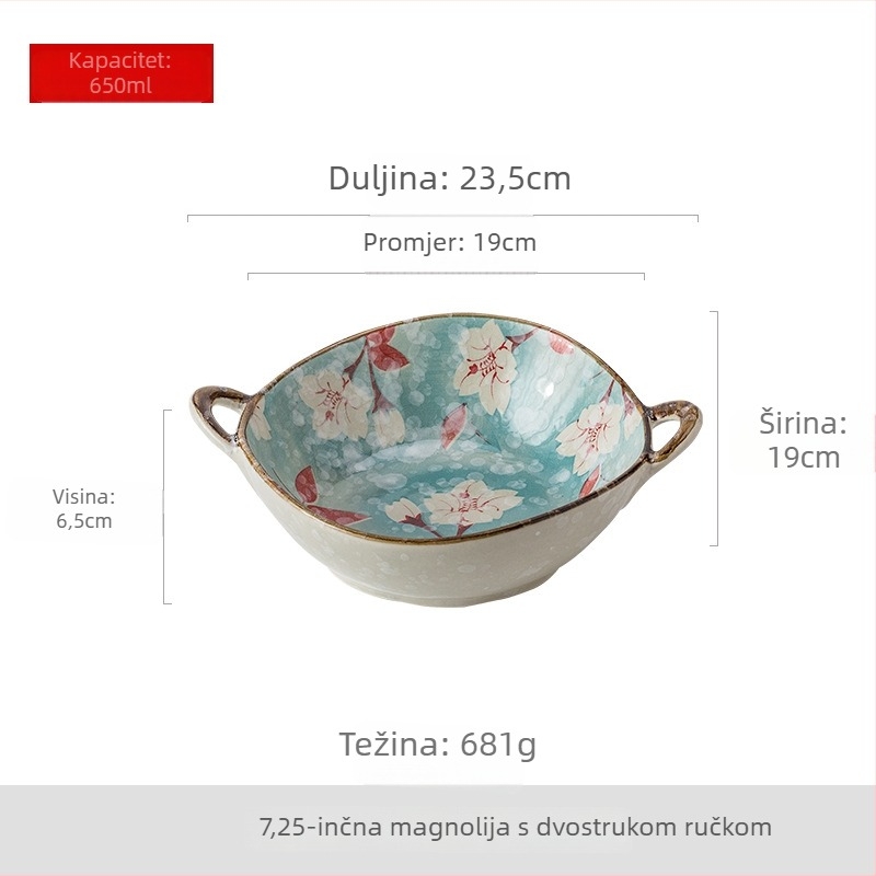 Keramička zdjela za rezance s dvjema ručkama, japanski stil, nepravilan oblik, cvjetni uzorak, prikladna za mikrovalnu pećnicu
