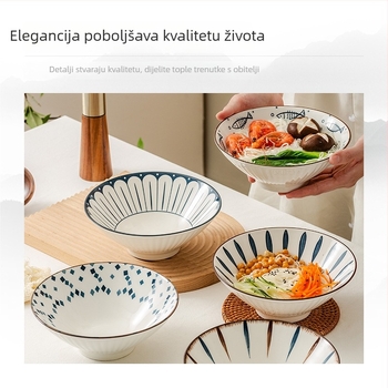 Keramička zdjela za ramen u japanskom stilu s podglazurnim završnim slojem, minimalistički kružni dizajn, pogodna za mikrovalnu pećnicu