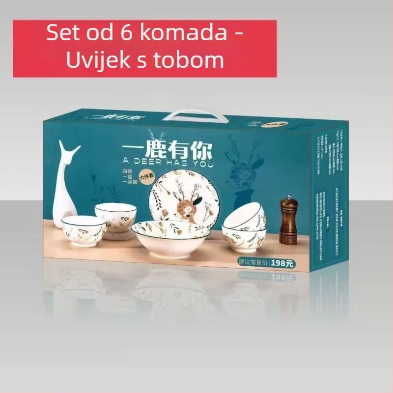 Keramički set posuđa, 6-dijelni, uz 10 zdjela za rižu i tanjura za juhu, cartoon uzorak, moderni minimalistički stil, poklon kutija